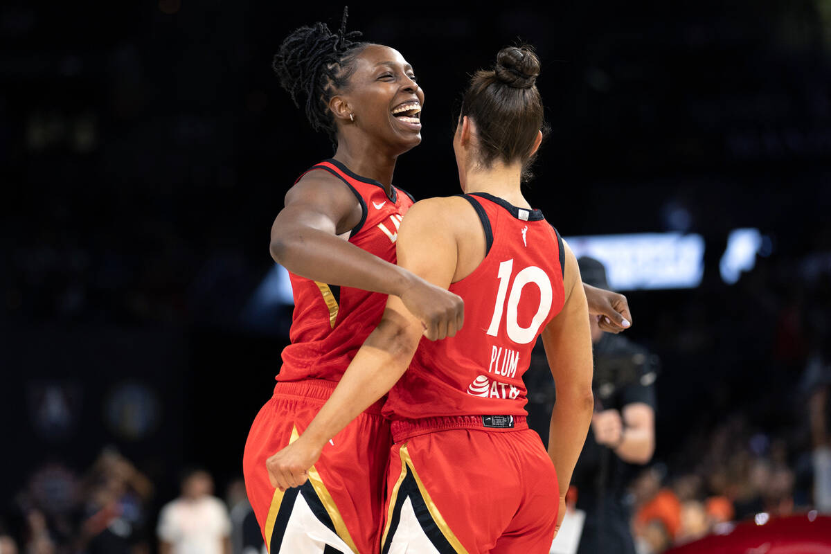Las Vegas Aces guards Chelsea Gray and Kelsey Plum celebrate after competing in the WNBA All-St ...