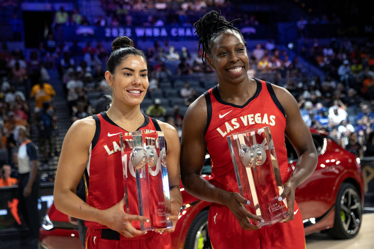 Las Vegas Aces guards Kelsey Plum, left, and Chelsea Gray pose with their trophies after winnin ...