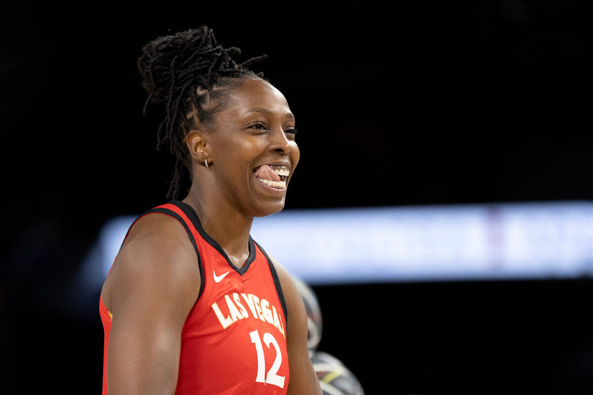 Las Vegas Aces guard Chelsea Gray celebrates after competing in the WNBA All-Star skills compet ...