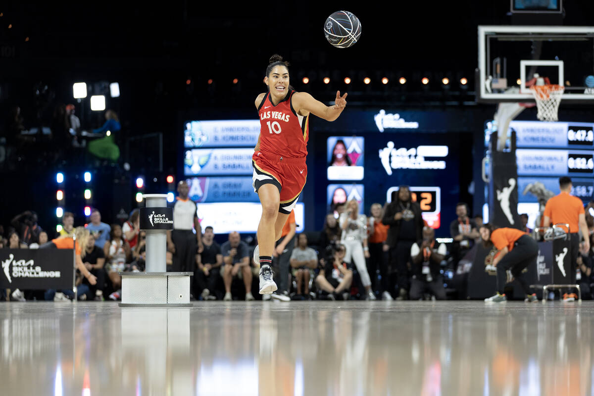 Las Vegas Aces guard Kelsey Plum competes in the WNBA All-Star skills competition at Michelob U ...