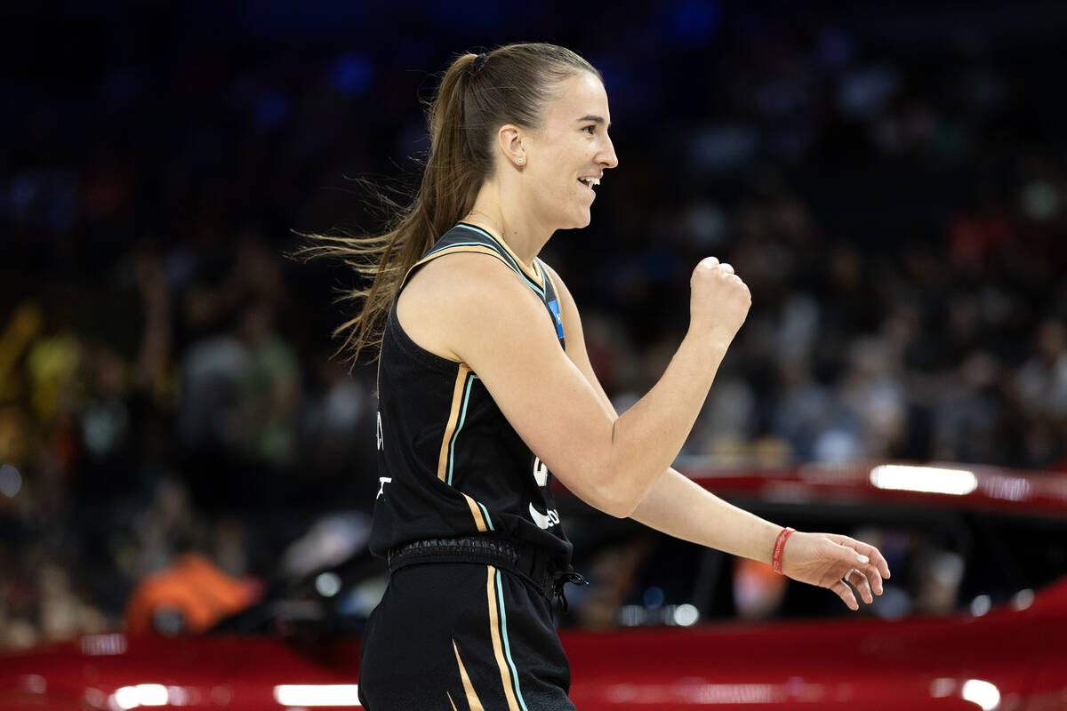 New York Liberty guard Sabrina Ionescu celebrates after competing in the WNBA All-Star skills c ...