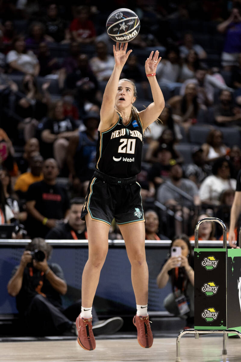 New York Liberty guard Sabrina Ionescu competes during the WNBA All-Star three-point contest at ...