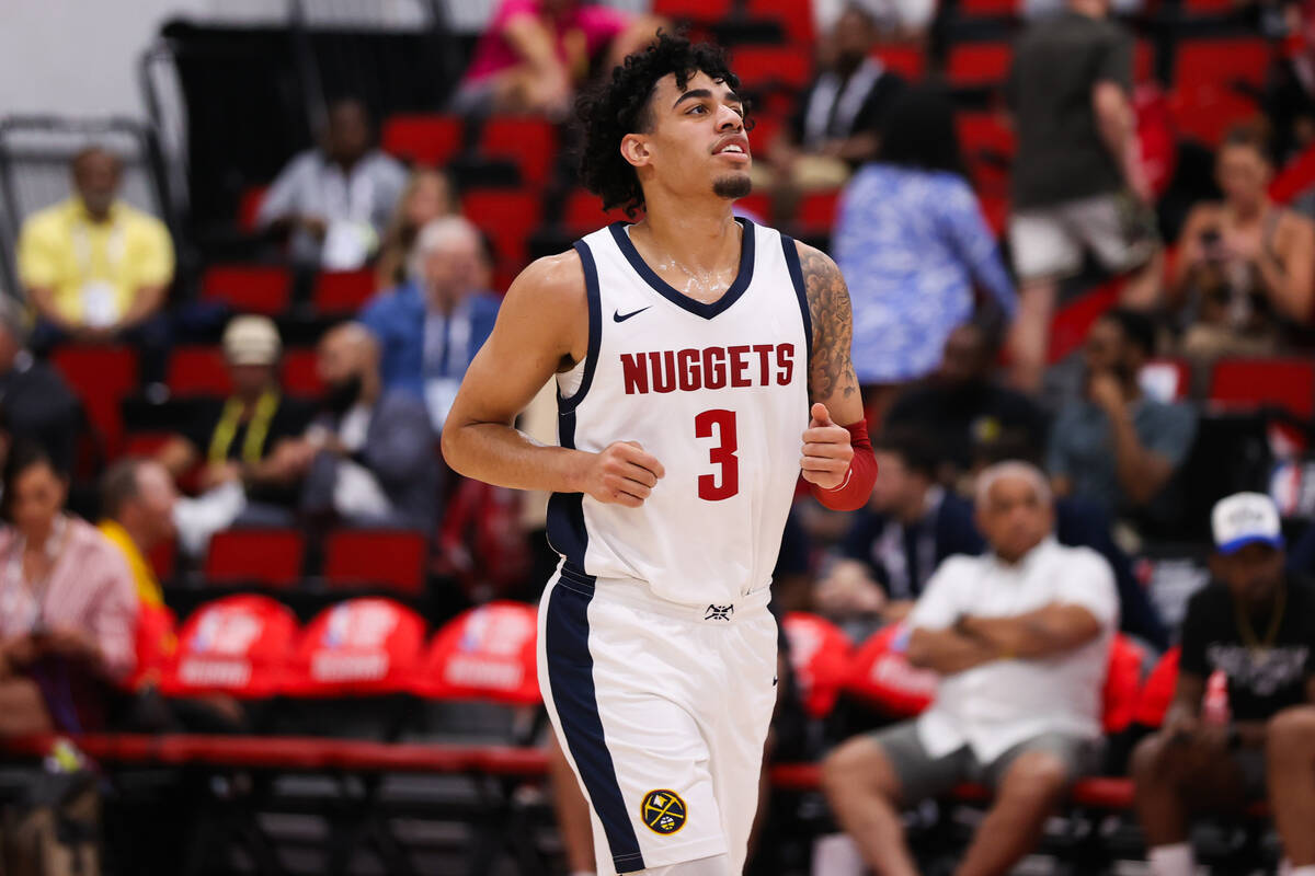 Denver Nuggets guard Julian Strawther (3) runs down the court during an NBA Summer League game ...