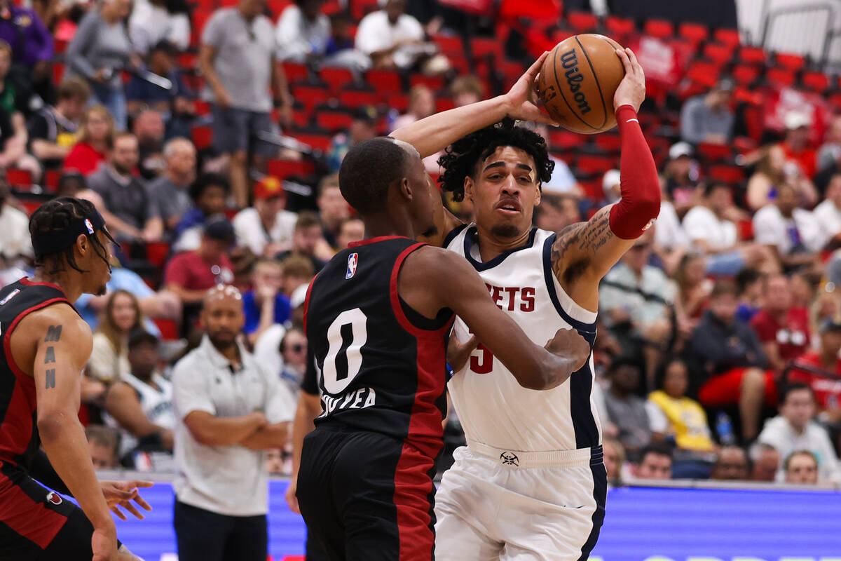 Denver Nuggets guard Julian Strawther (3) looks to pass the ball during an NBA Summer League ga ...