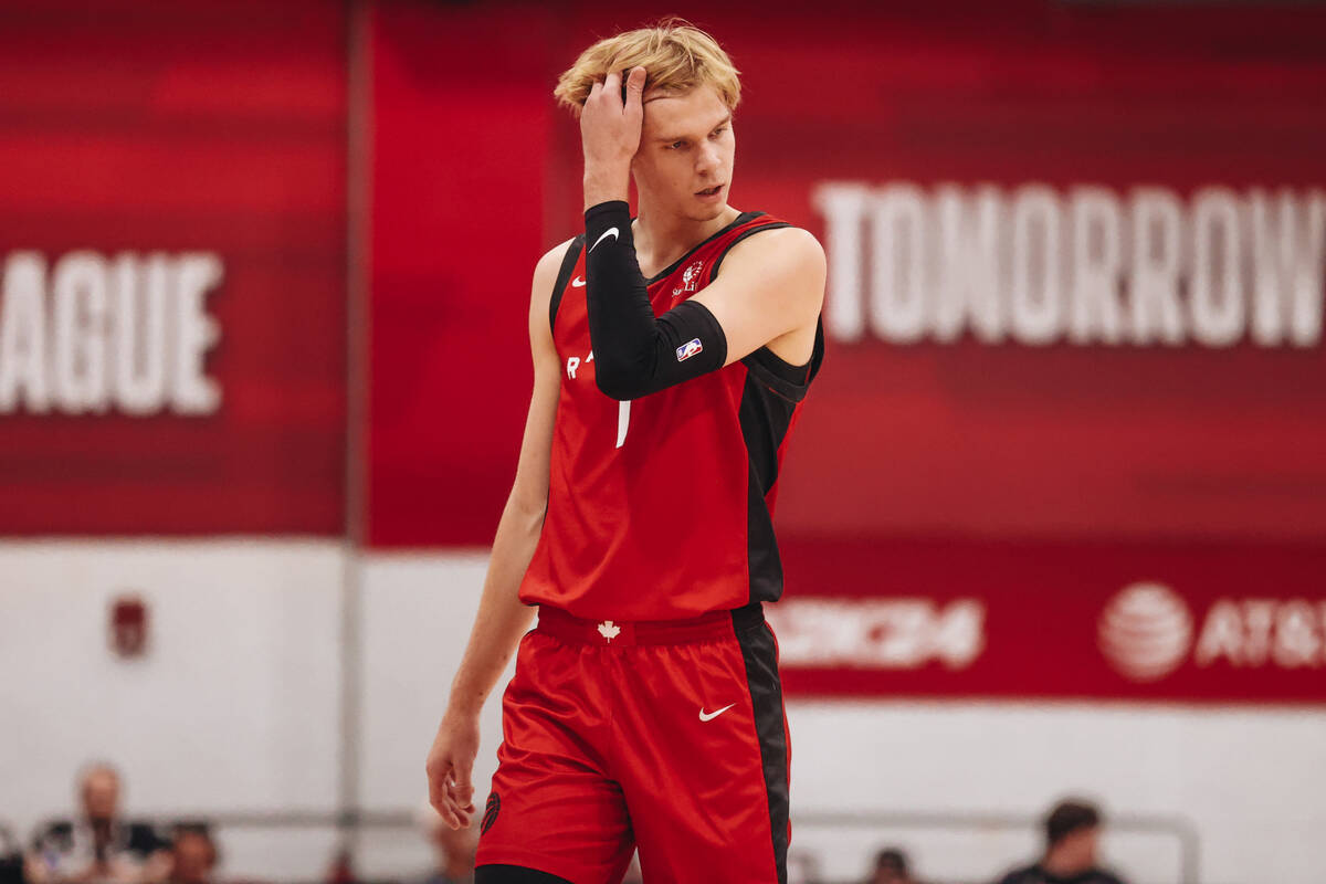 Toronto Raptors small forward Gradey Dick wipes his hair out of his face during an NBA Summer L ...