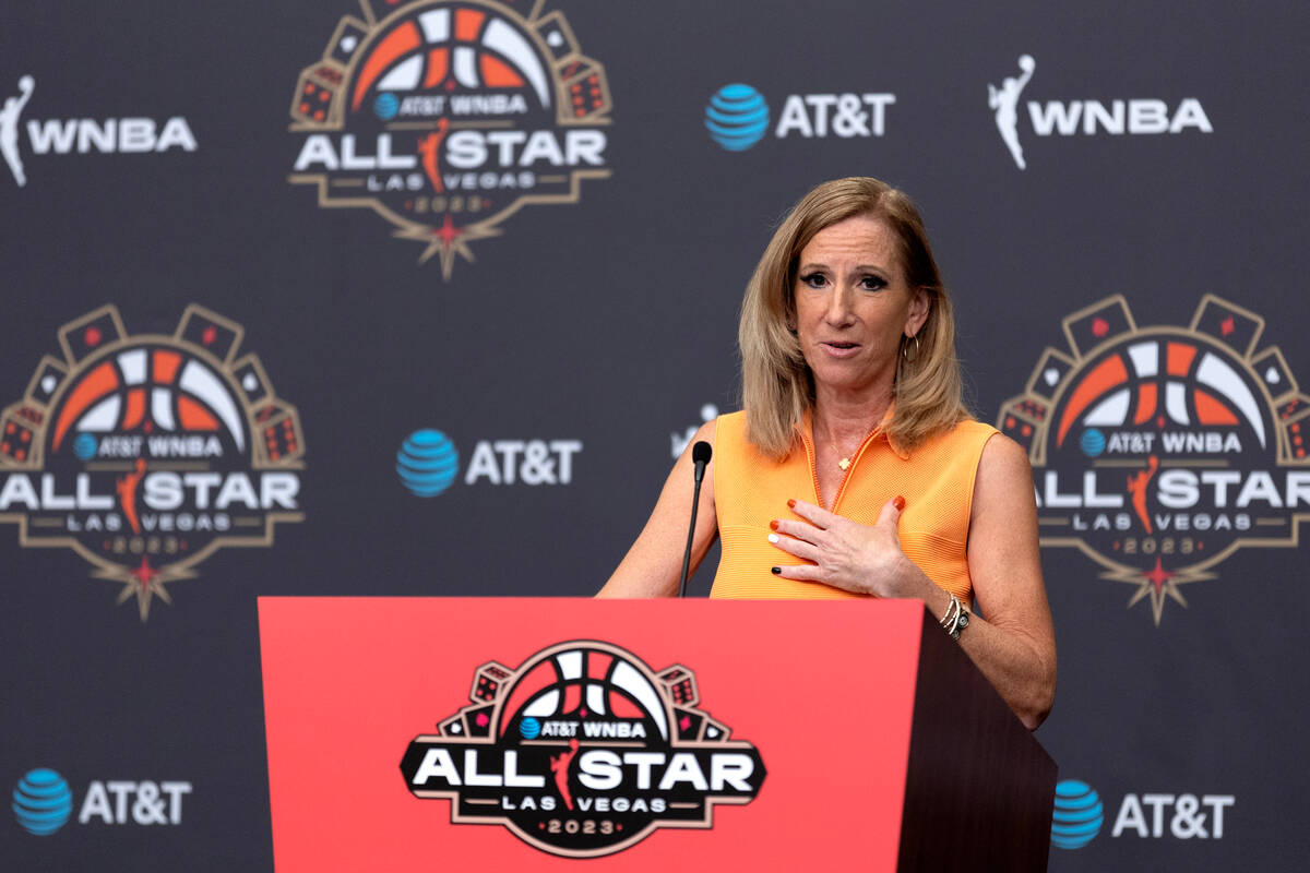 WNBA Commissioner Cathy Engelbert speaks during a news conference before the WNBA All-Star bask ...
