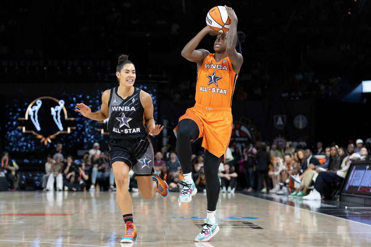 The Seattle Storm’s Jewell Loyd, of Team Stewart, shoots against the Las Vegas Aceȁ ...