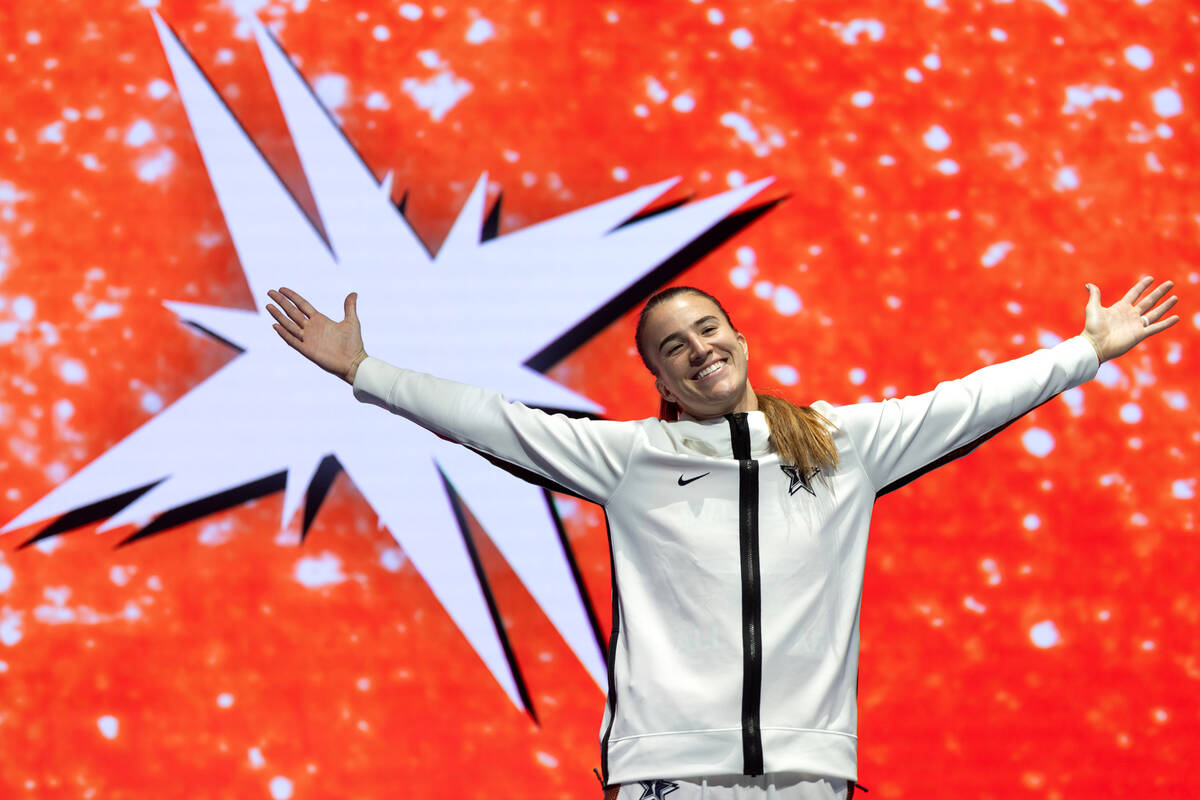 The New York Liberty’s Sabrina Ionescu, of Team Stewart, is announced in her team’ ...
