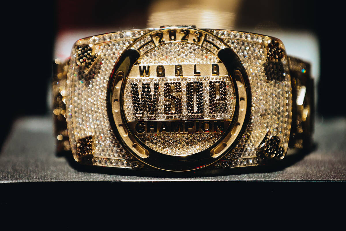 The $10,000 buy-in No-limit Hold’em World Championship bracelet is seen during the World ...