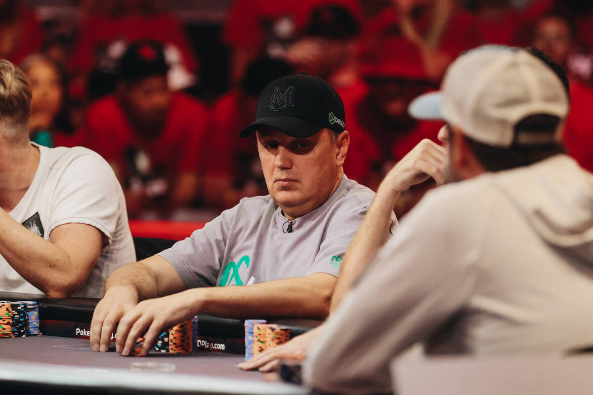 Ruslan Prydryk stacks his poker chips during the $10,000 buy-in No-limit Hold’em World Champi ...