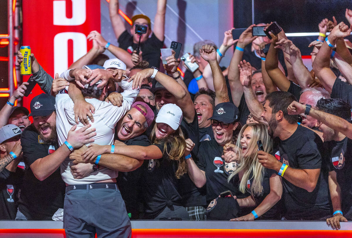 Daniel Weinman is celebrated by his supporters after winning the World Series of Poker Main Eve ...