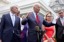 President Joe Biden, with a bipartisan group of senators, speaks Thursday June 24, 2021, outsid ...