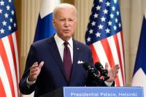 President Joe Biden speaks during a news conference with Finland's President Sauli Niinisto at ...