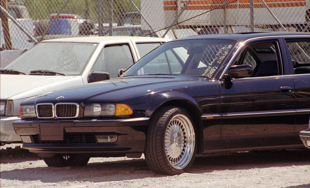 A black BMW, riddled with bullet holes, sits in the police impound lot Sunday, Sept. 8, 1996, i ...