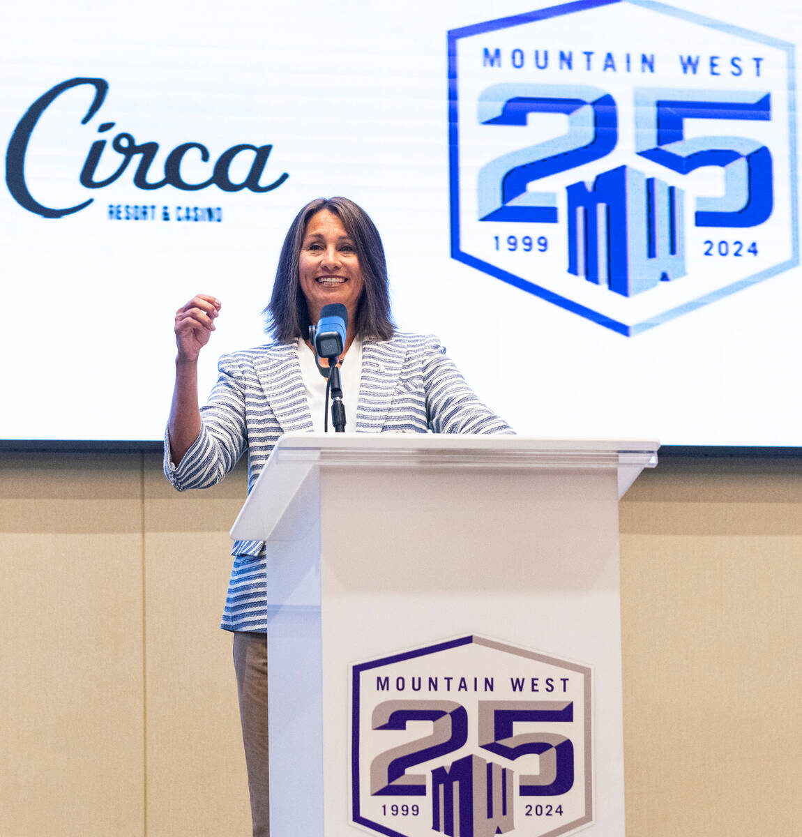 Gloria Nevarez, commissioner of the Mountain West Conference, speaks during football media days ...