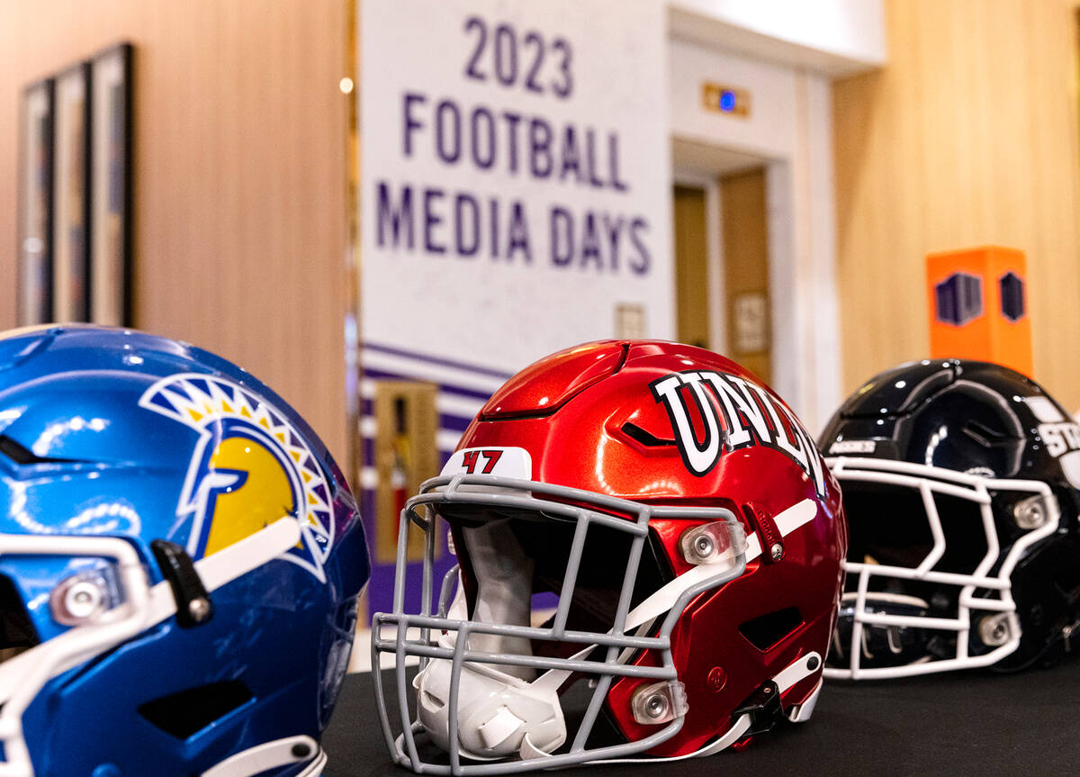 The 2023 Mountain West football team helmets are displayed during football media days at Circa ...