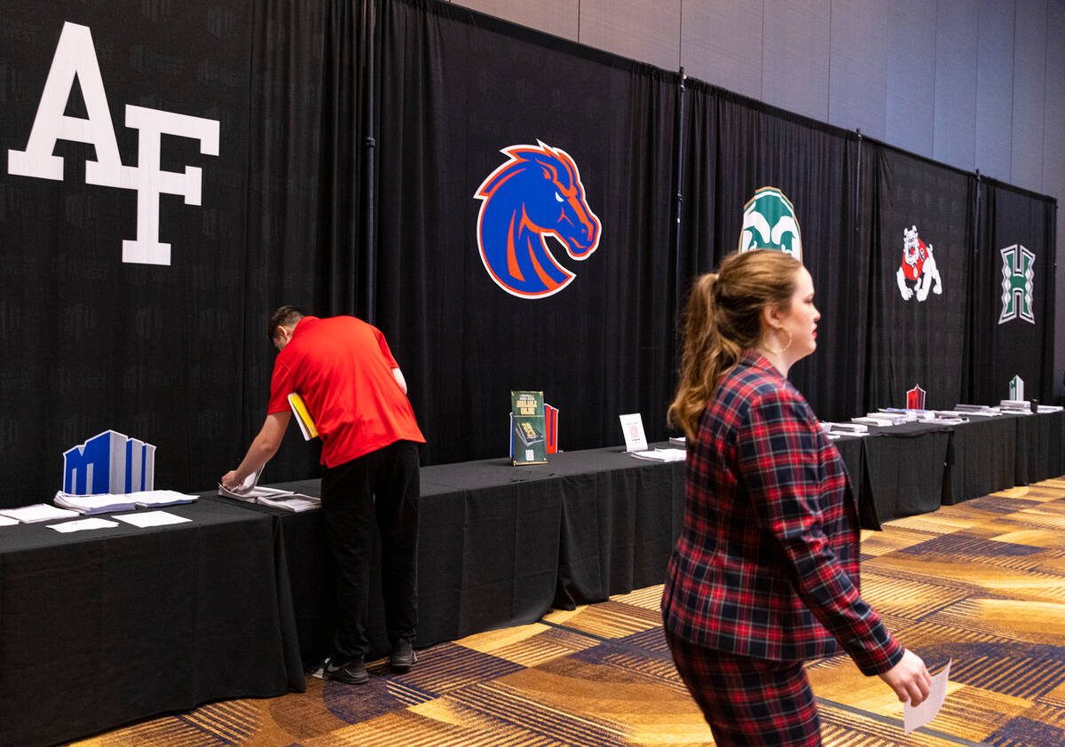 The 2023 Mountain West football team logos are displayed during football media days at Circa re ...