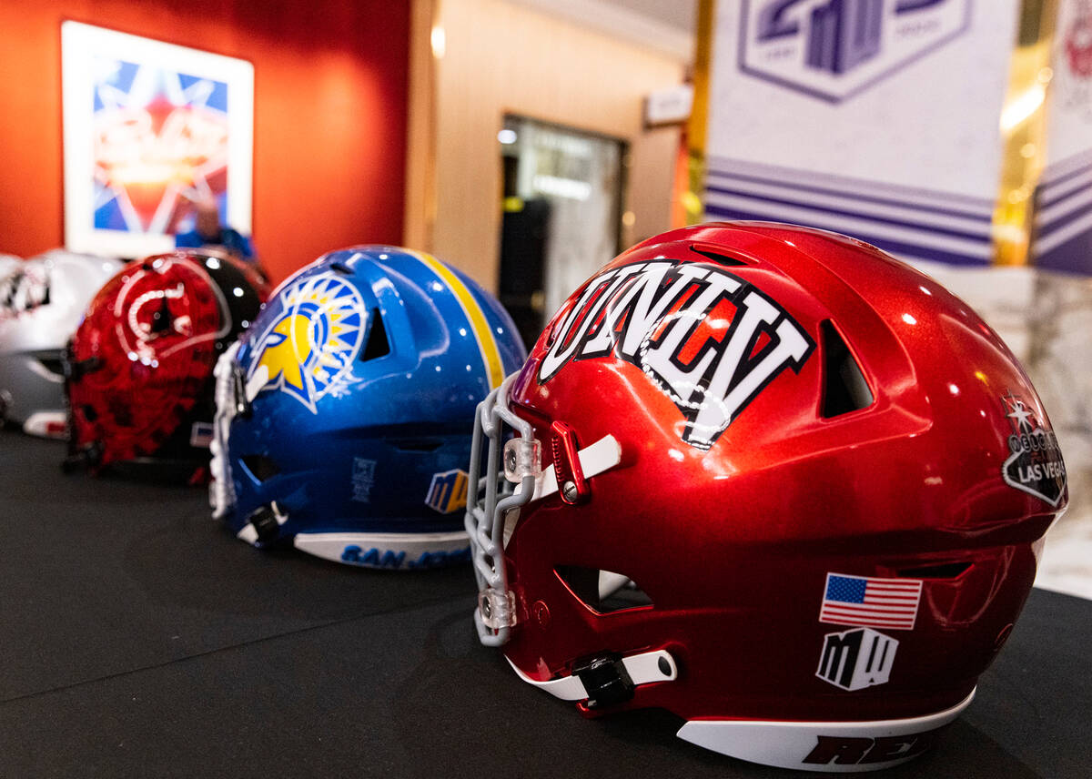 The 2023 Mountain West football team helmets are displayed during football media days at Circa ...