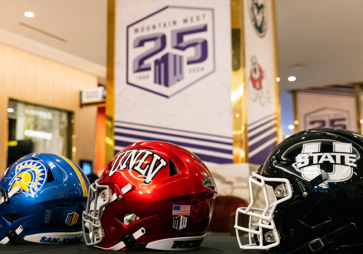 The 2023 Mountain West football team helmets are displayed during football media days at Circa ...