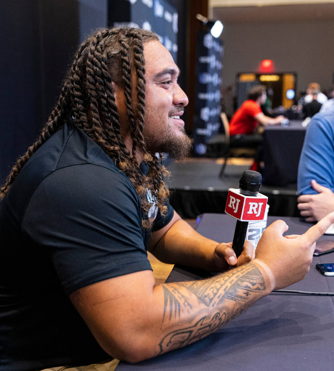 UNLV Rebels defensive lineman Naki Fahina speaks to the media during media day at Circa resort ...