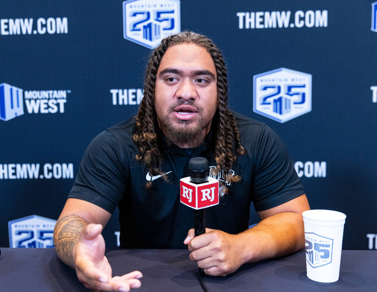 UNLV Rebels defensive lineman Naki Fahina speaks to the media during media day at Circa resort ...