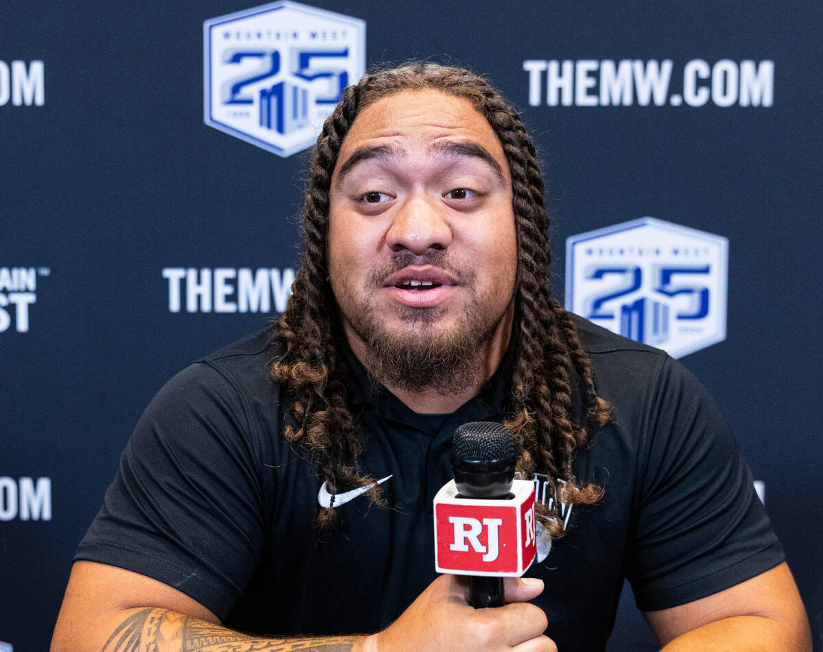 UNLV Rebels defensive lineman Naki Fahina speaks to the media during media day at Circa resort ...