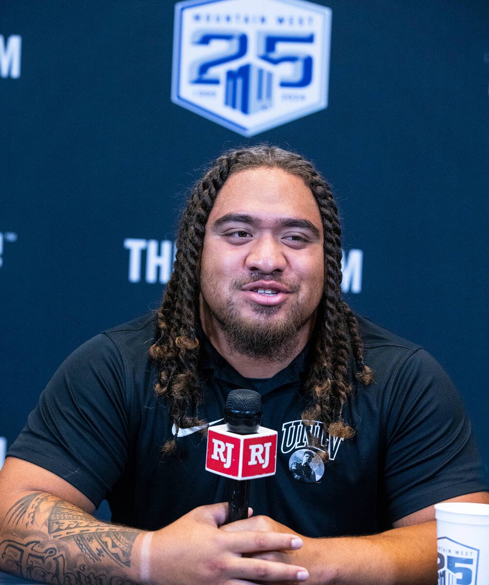 UNLV Rebels defensive lineman Naki Fahina speaks to the media during media day at Circa resort ...