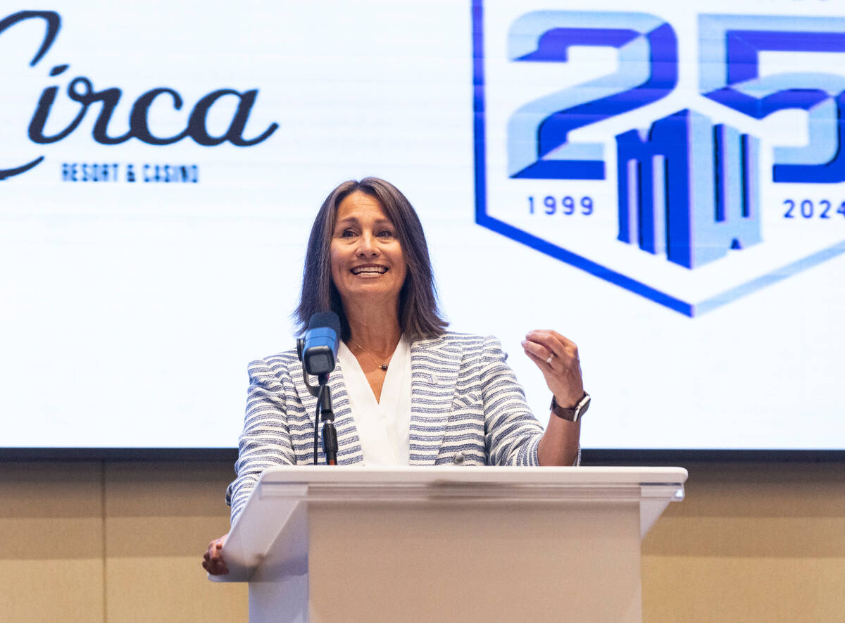 Gloria Nevarez, commissioner of the Mountain West Conference, speaks during football media days ...