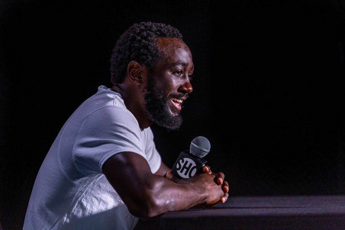 Terence Crawford answers questions at the UFC Apex gym on Wednesday, July 19, 2023, in Las Vega ...