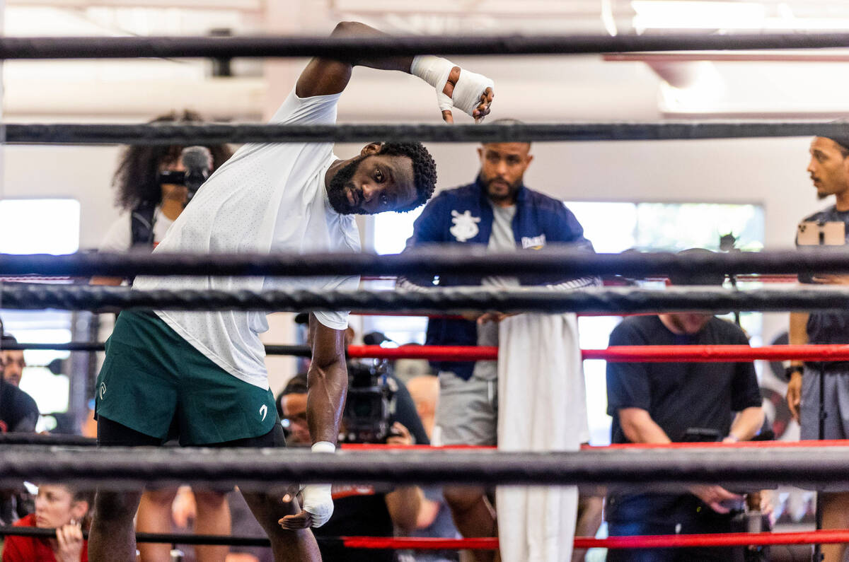 Terence Crawford stretches at the UFC Apex gym on Wednesday, July 19, 2023, in Las Vegas (L.E. ...