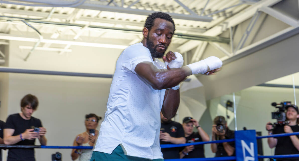 Terence Crawford shadow boxes in the ring at the UFC Apex gym on Wednesday, July 19, 2023, in L ...