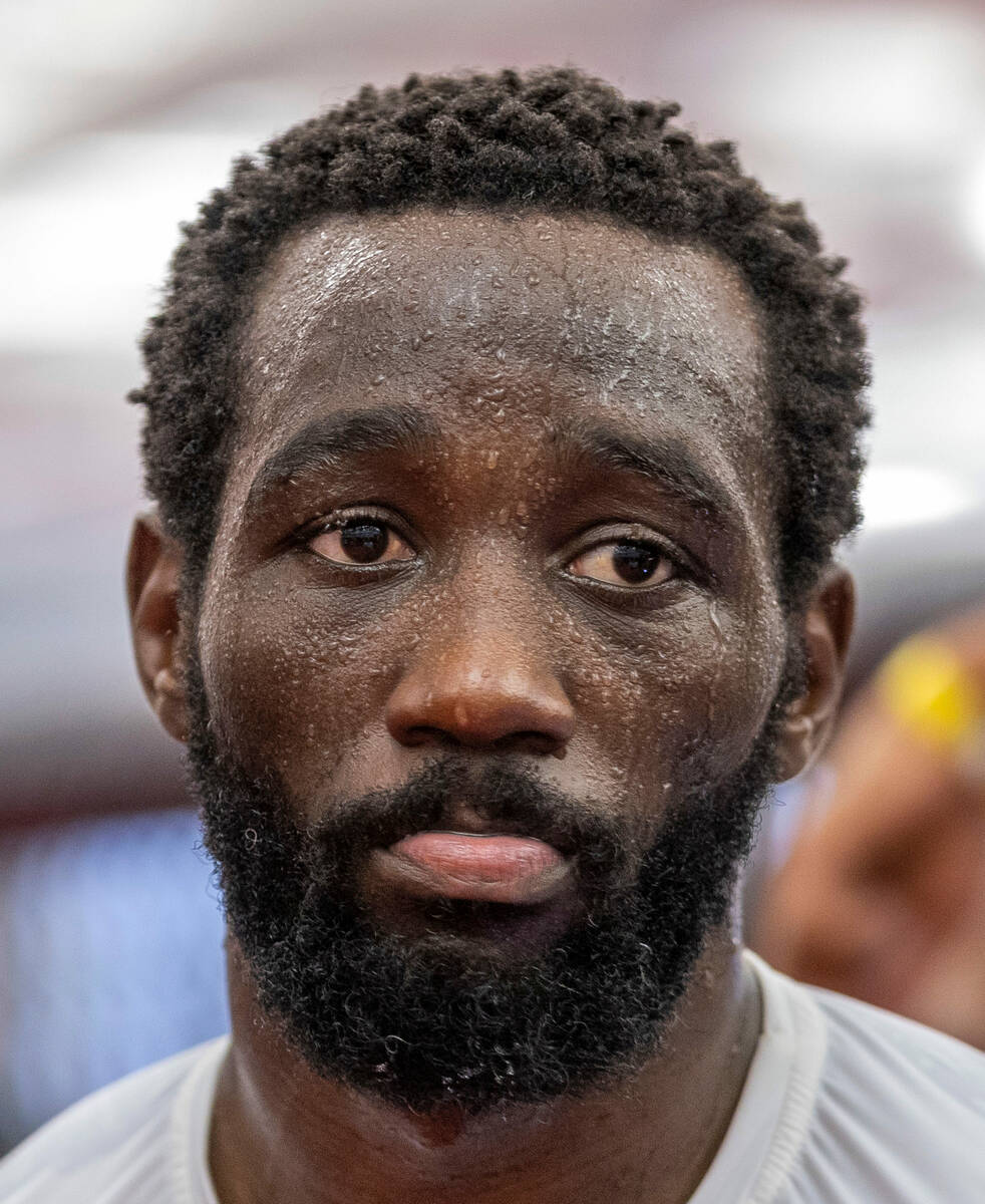 Terence Crawford sweats intensely on a break from striking a heavy bag at the UFC Apex gym on W ...