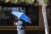 A woman holds an umbrella to protect herself from sun as she walks along Ogden Avenue in downto ...