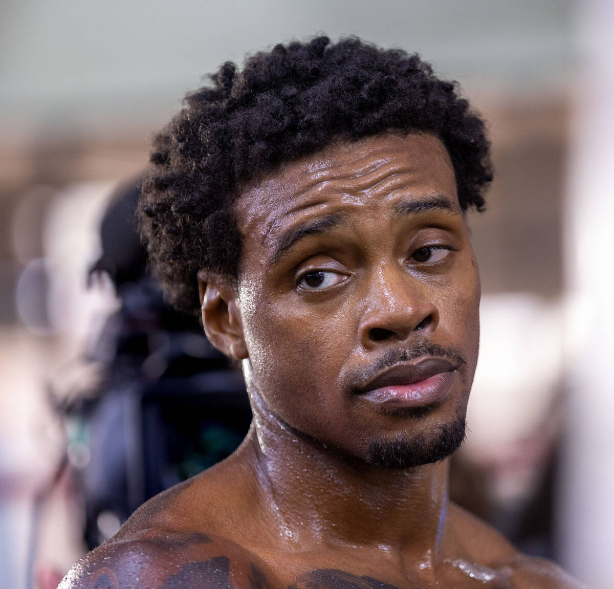 Fighter Errol Spence Jr. considers a response during a media workout day at the Fight Capital G ...