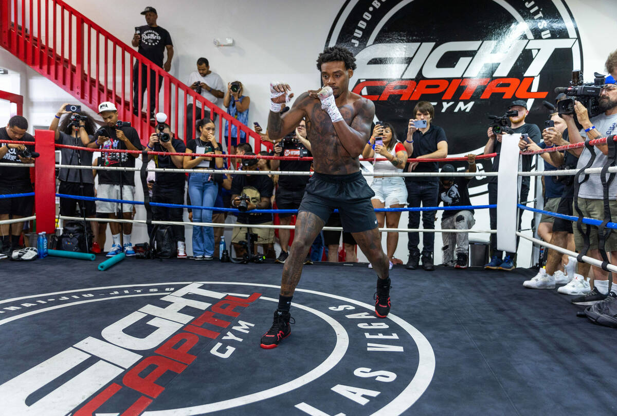 Fighter Errol Spence Jr. shadow boxes during a media workout day at the Fight Capital Gym on Th ...