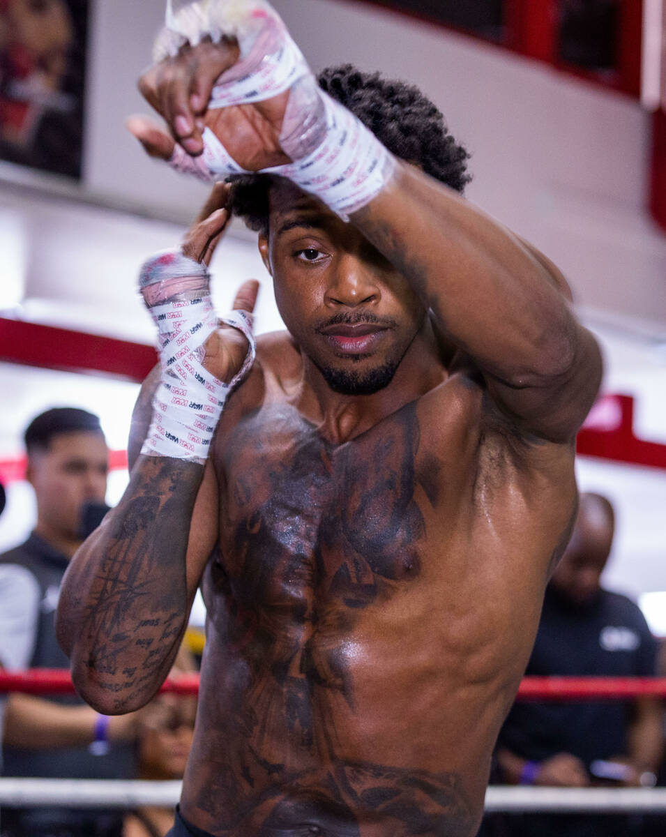 Fighter Errol Spence Jr. shadow boxes during a media workout day at the Fight Capital Gym on Th ...