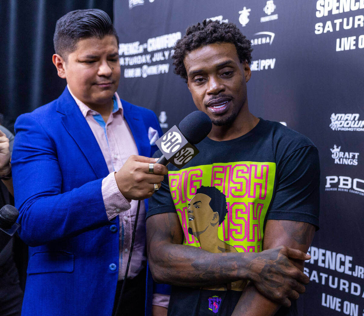 Fighter Errol Spence Jr. answers a question during a media workout day at the Fight Capital Gym ...