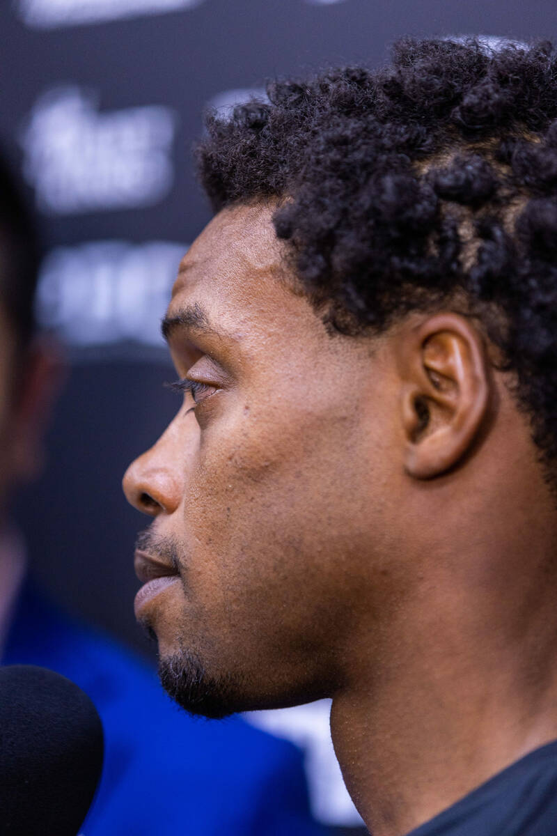 Fighter Errol Spence Jr. listens to a question during a media workout day at the Fight Capital ...