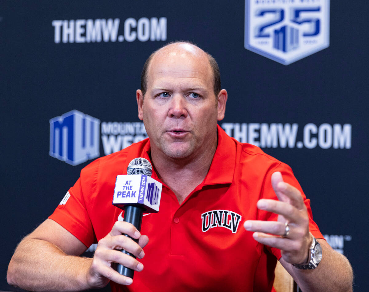UNLV football head coach Barry Odom addresses the media during the Mountain West football media ...