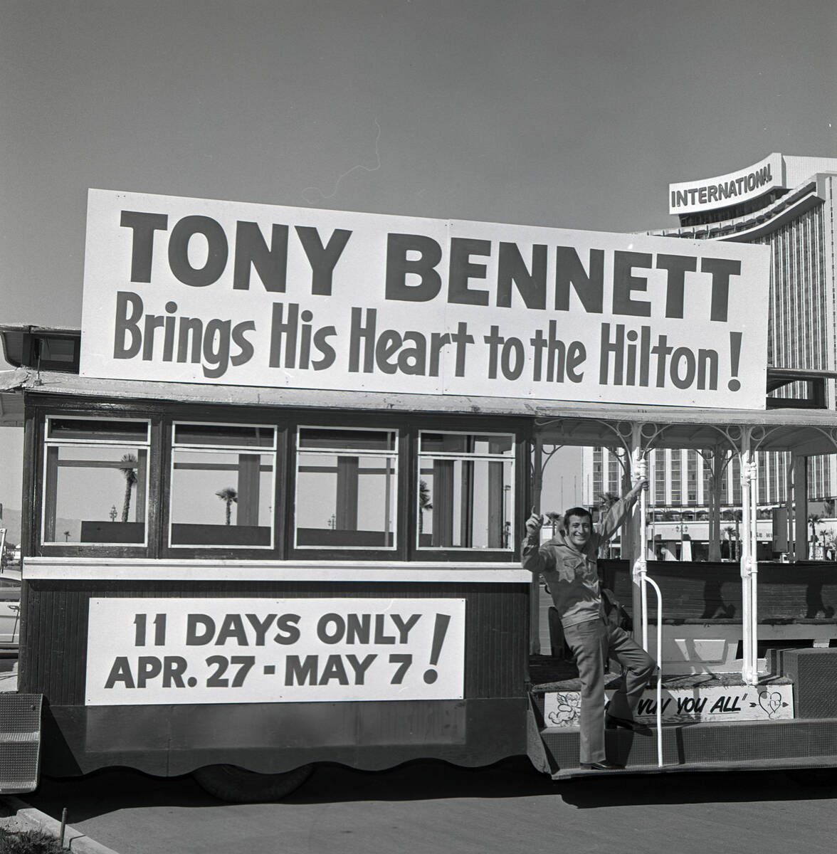Tony Bennett on a cable car promoting, Tony Bennett Brings His Heart to the Hilton! 11 day only ...