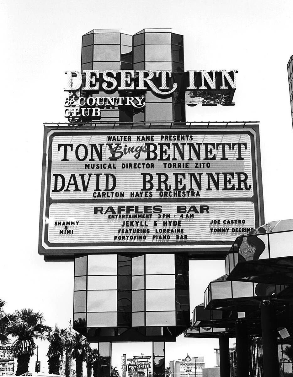The Desert Inn marquee features singer Tony Bennett and comedian David Brenner on May 16, 1979, ...