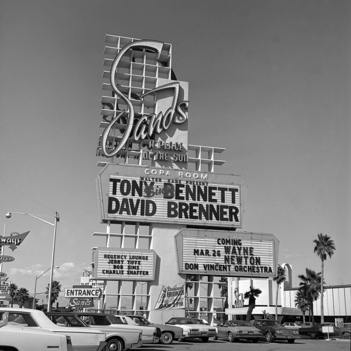 Tony Bennett and David Brenner marquee at the Sands on March 19, 1980. (Las Vegas News Bureau)