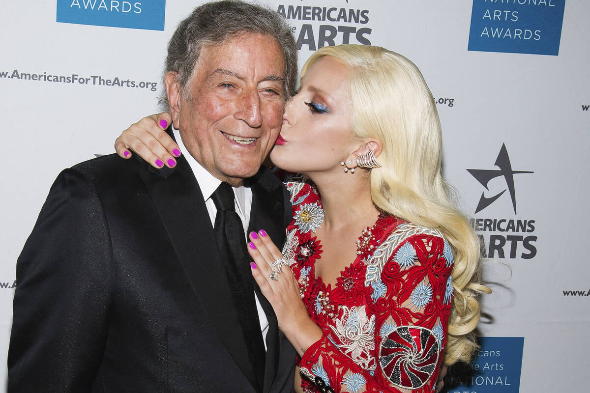FILE - Tony Bennett, left, and Lady Gaga appear at the Americans for the Arts 2015 National Art ...