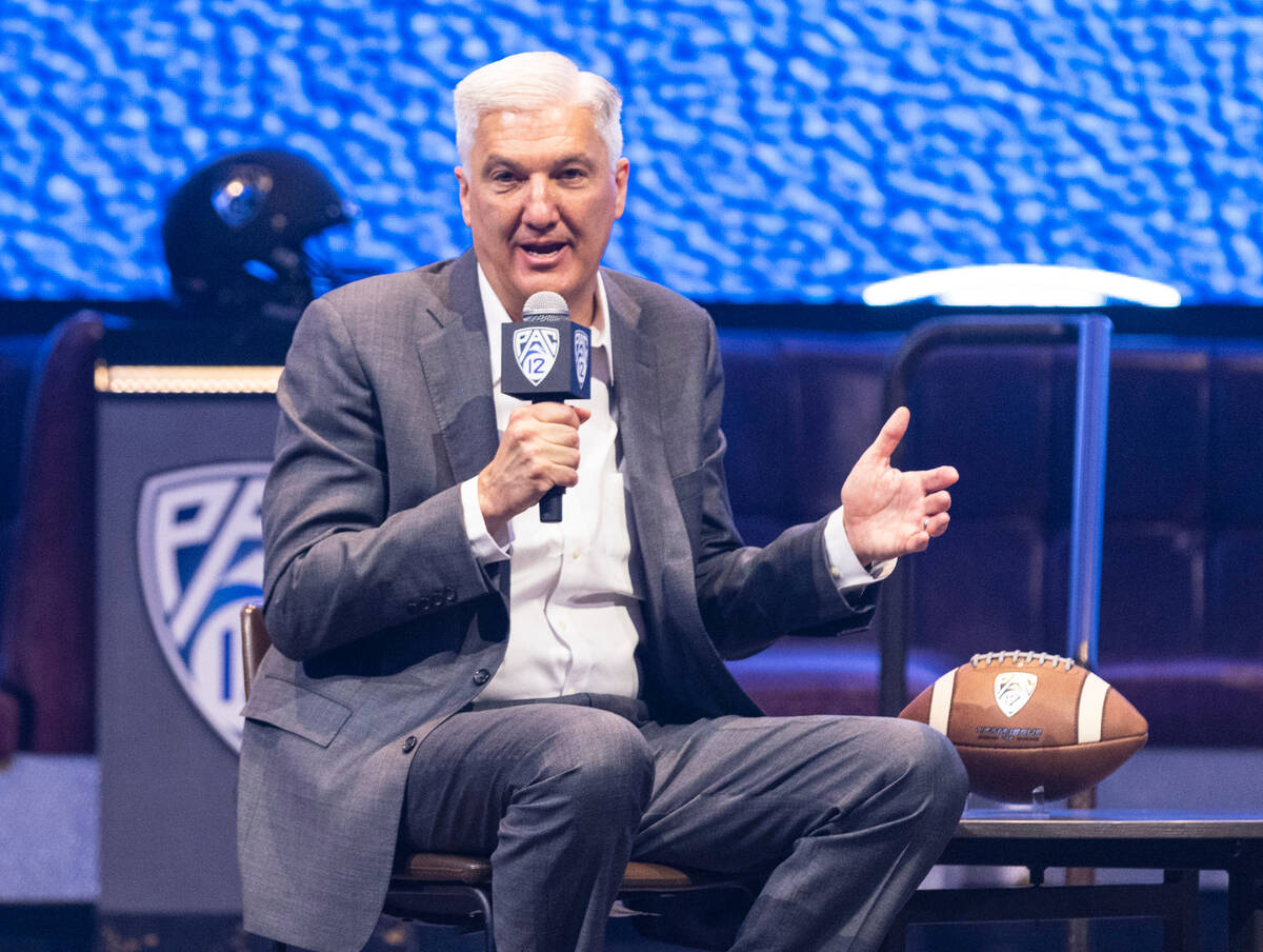 Pac-12 Commissioner George Kliavkoff speaks during the Pac-12 Football media day at Resort Worl ...