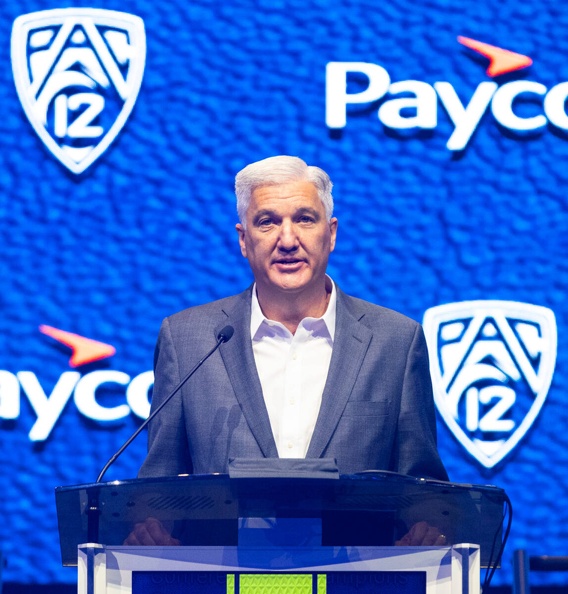 Pac-12 Commissioner George Kliavkoff, speaks during the Pac-12 Football media day at Resort Wor ...