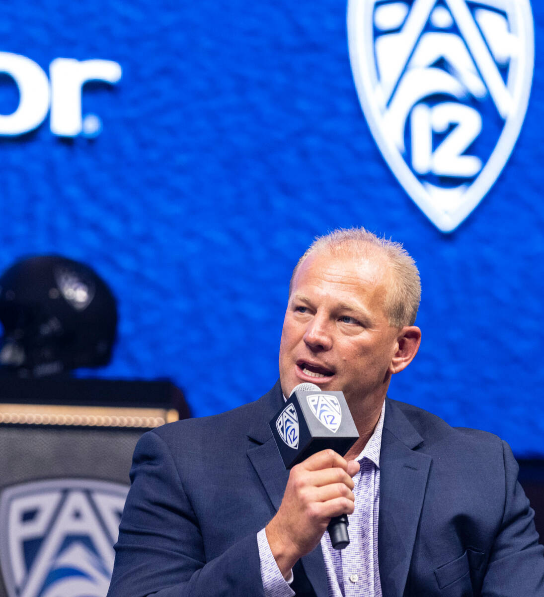 Washington Huskies head coach Kalen DeBoer speaks during the Pac-12 Football media day at Resor ...