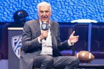 Pac-12 Commissioner George Kliavkoff speaks during the Pac-12 Football media day at Resort Worl ...