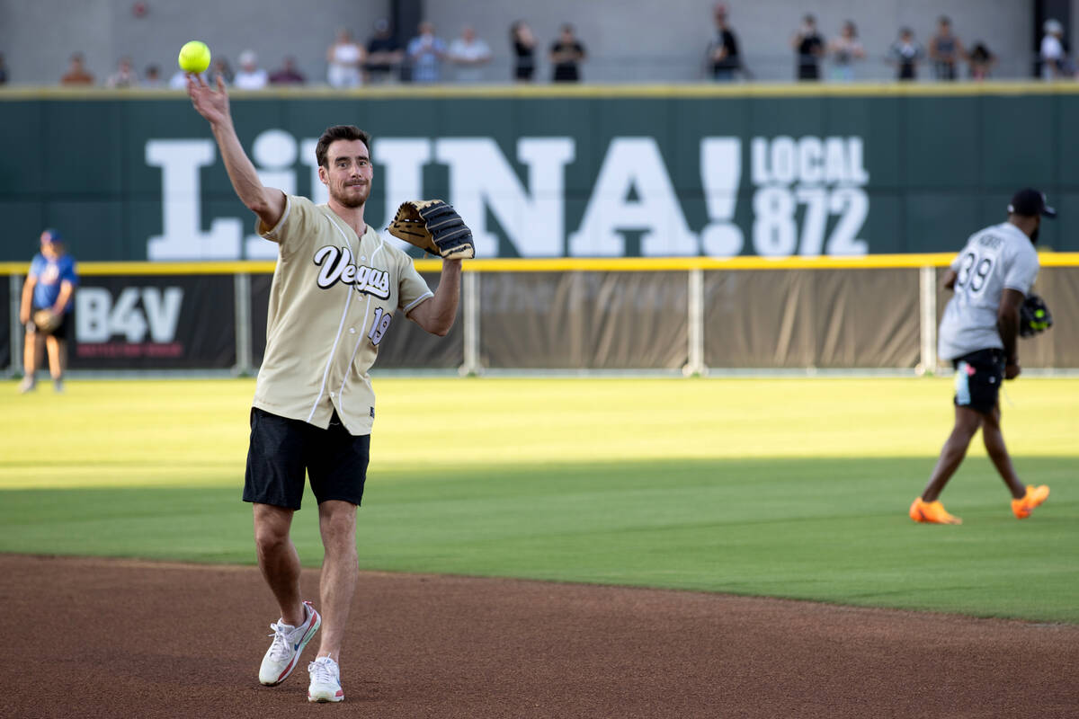 Golden Knights’ Reilly Smith plays catch before the Battle for Vegas charity softball ga ...