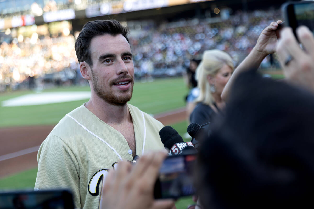 Former Golden Knight Reilly Smith speaks to the press before the Battle for Vegas charity softb ...