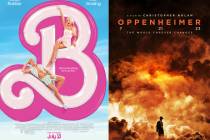 This combination of images shows promotional art for "Barbie," left, and "Oppenh ...